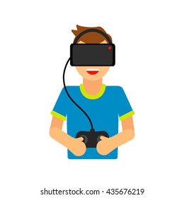 The young man is in a virtual reality headset. Flat vector illustration isolate on a white background.