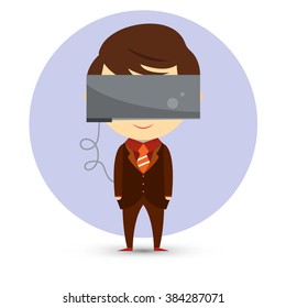A young man in a virtual reality helmet. Vector illustration.