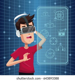young man virtual reality wearing goggle futuristic high tech