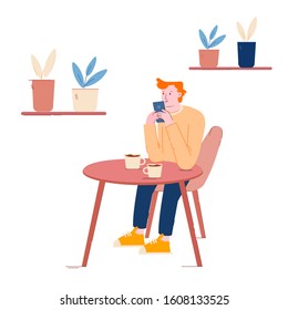 Young Man Visiting Cafe Using Free Wifi, Hospitality Concept. Male Character Sitting at Table Drinking Beverages and Chatting on Mobile Phone in Modern Restaurant Cartoon Flat Vector Illustration