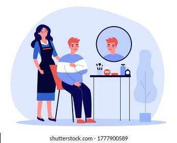 Young man visiting hairdresser. Red haired guy sitting at with woman in apron behind flat vector illustration. Hairdressing saloon, hairstyle concept for banner, website design or landing web page