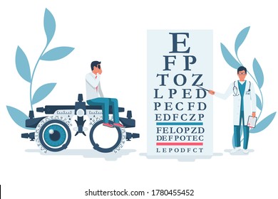 Young man visiting an ophthalmologist. Sight test. Diagnosis of vision. Eye test frame. Vision test. Check Eyesight. Vector illustration flat design. Template ophthalmology clinic. Diopter concept. 