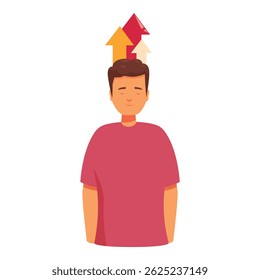 Young man is visualizing success with three arrows pointing up above his head