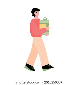 Young man volunteer carry cardboard box full of food for donation in social shelter or charitable center. Support and assistance for homeless and poor. Vector isolated illustration