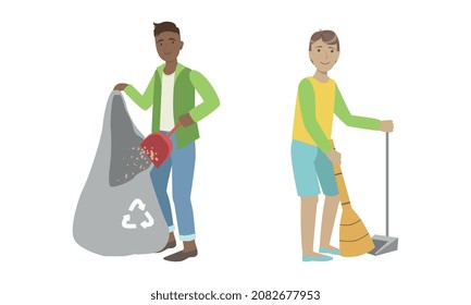 Young Man Volunteer Collecting Trash in Bags Cleaning Environment Vector Set