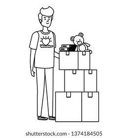 young man volunteer with donations boxes