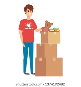 young man volunteer with donations boxes