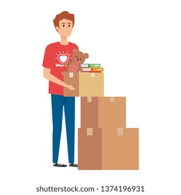 young man volunteer with donations boxes