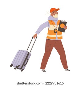 Young Man Volunteer in Face Mask and Vest Pulling Suitcase Holding Clip Board Vector Illustration