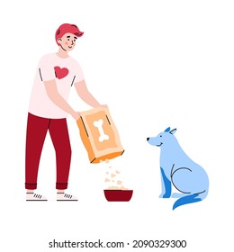 Young man volunteer feed street dog by dry food. Charity, care and donation for hungry domestic pets or homeless animals. Vector illustration isolated on a white background.