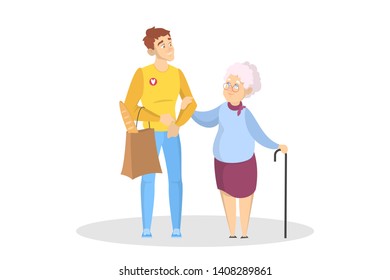 Young man volunteer help old woman and carry her bag. Idea of support person on retirement. Smiling character. Isolated vector illustration in cartoon style