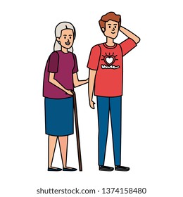 young man volunteer helping a grandmother
