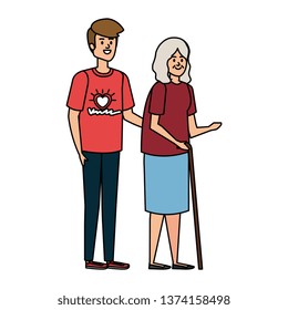 young man volunteer helping a grandmother