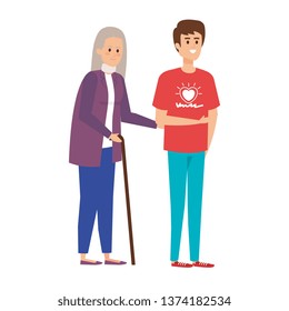 young man volunteer helping a grandmother