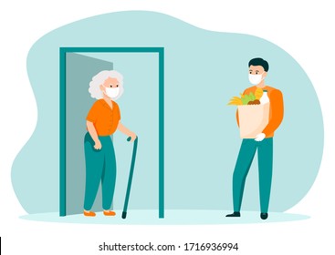 A Young Man Volunteer In A Mask And Gloves Brought Food From A Supermarket To An Elderly Woman Home. Vector Illustration In Flat Cartoon Style