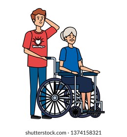 young man volunteer with old woman in wheelchair