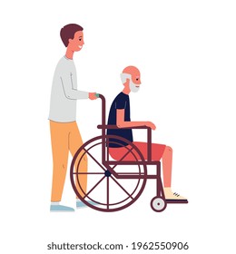 Young man volunteer pushing wheelchair with disabled senior man. flat vector illustration isolated on white background. Concept of elderly people social support.