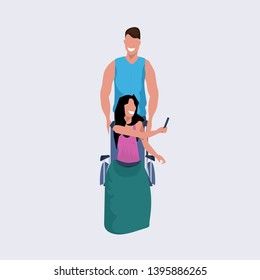 young man volunteer pushing woman sitting in wheelchair guy strolling assisting girl disabled people concept flat full length