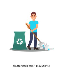 Young man volunteer with rake in hands picking empty plastic bottles into garbage bag. Social activity. Flat vector design