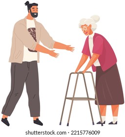 Young man volunteer or social worker carries elderly disabled woman in walkers. Help and care old people concept. Senior patient. Social volunteering, professional support for people with disability