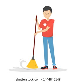 Young man volunteer sweep the floor. Guy holding broom and clean the room. Housework concept. Vector illustration in cartoon style