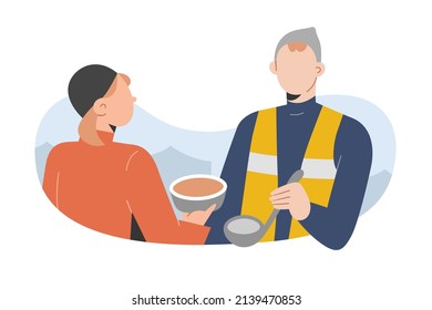 Young man volunteering, serving hot meal, soup with spoon, volunteer wearing reflective vest helping refugees, charity work, human aid for homeless people, editable vector cartoon illustration