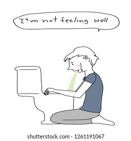 Young man vomiting into a flush toilet bowl. Sick young man throwing up in a toilet bowl and saying he's not feeling well. Adult man kneeling down in bathroom and vomiting stomach contents.