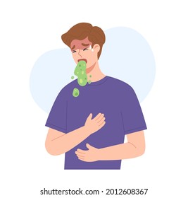 Young man is vomiting and suffering from nausea, food poisoning or sickness symptom. Concept of illness, digestive problem, health care, medicine, side effect of drug or alcohol liquor. Flat vector.