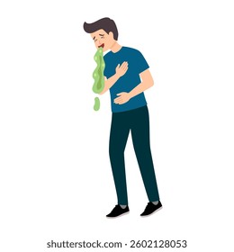 Young man is vomiting and suffering from nausea, food poisoning or sickness symptom. Concept of illness, digestive problem, health care, medicine, side effect of drug or alcohol liquor. Flat vector