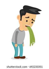 Young Man Vomiting. Vector Flat Cartoon Character Illustration Icon.Isolated On White Background. Vomit, Food Poisoning, Alcohol Stomach Poisoning,nausea,throw Up,nauseous Toilet Concept