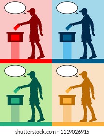 young man voter silhouettes with different colored speech bubble by voting for election. All the silhouette objects and backgrounds are in different layers. 