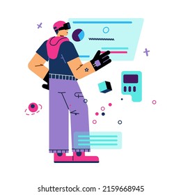 Young man in VR glasses and gloves exploring metaverse, flat vector illustration isolated on white background. Trendy cartoon character looking at hologram.
