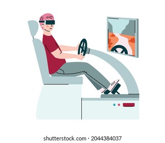 Young man in vr glasses play or learning to drive car in virtual augmented reality. Racing video game simulator, entertainment or training program. Vector isolated illustration.