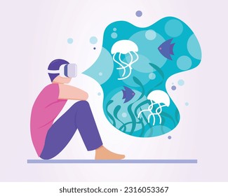 Junge Mann in VR Brille sitzend auf dem Boden, Blick auf Meer und schwimmende Fische. Menschen in der virtuellen Realität, die die Natur erforschen. Flache Vektorgrafik in violett- und rosafarbenen Farben