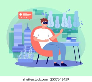 Young man in VR glasses vector illustration. Man in armchair in city apartment transporting in nature with AR technology. Virtual reality and augmented reality integration concept