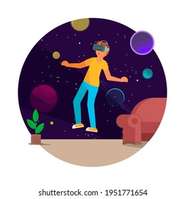 Young man in VR headset flying in outer space, flat vector illustration. Space VR game, simulation, education, metaverse. Virtual reality technology and entertainment.