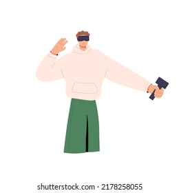 Young man in VR headset, holding controller and playing simulation game in virtual reality. Happy person in digital glasses for cyberspace. Flat vector illustration isolated on white background