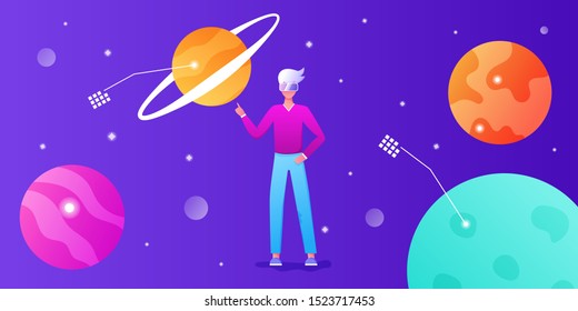 Young man with VR headset in space. Virtual reality for education and games. Flat cartoon vector illustration. Guy flying in cyberspace interacting with imaginary universe. For banner, landing page