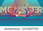 Young Man vs. Sea Monster Adventure in Vibrant Colors