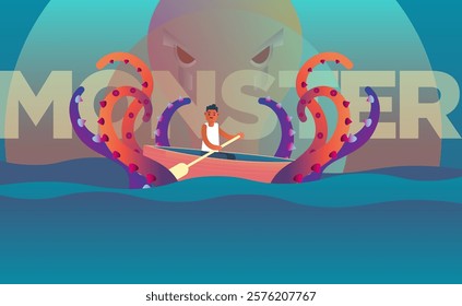 Young Man vs. Sea Monster Adventure in Vibrant Colors