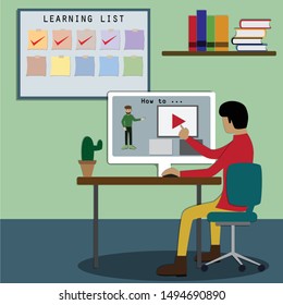 Young man waching video online from internet with his computer - vector Illustration