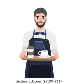 Young man waiter carries two cups of hot drink coffee or tea. Flat Vector Character illustration