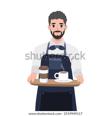 Young man waiter carries two cups of hot drink coffee or tea. Flat Vector Character illustration