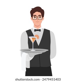 Young man waiter offering cocktail serving table in the cafe. Flat vector illustration isolated on white background