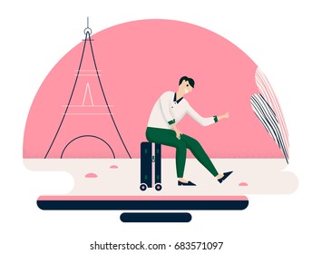 Young man waiting and doing a thumb ride in Paris
