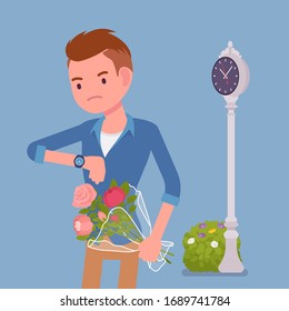 Young man waiting at the romantic date, checking time. Smart boyfriend with flower bouquet, unhappy lonely cheated male partner, anxiety on getting late friend. Vector flat style cartoon illustration