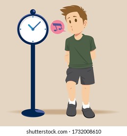 Young man waiting for someone checking time. Unhappy lonely man, waiting for getting late friend. Vector illustration