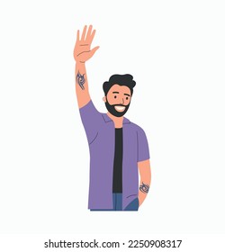 Young man waives hand in hello gesture while smiling cheerfully and holding hand in pocket. Vector flat cartoon illustration