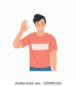 Young man waives hand in hello. Vector flat cartoon illustration