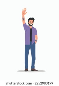 Young man waives hand in hello gesture while smiling cheerfully and holding hand in pocket. Man stand full body.Vector flat cartoon illustration